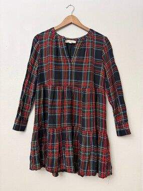 Loft Red Green Plaid Holiday Christmas Tiered Preppy Dress Small